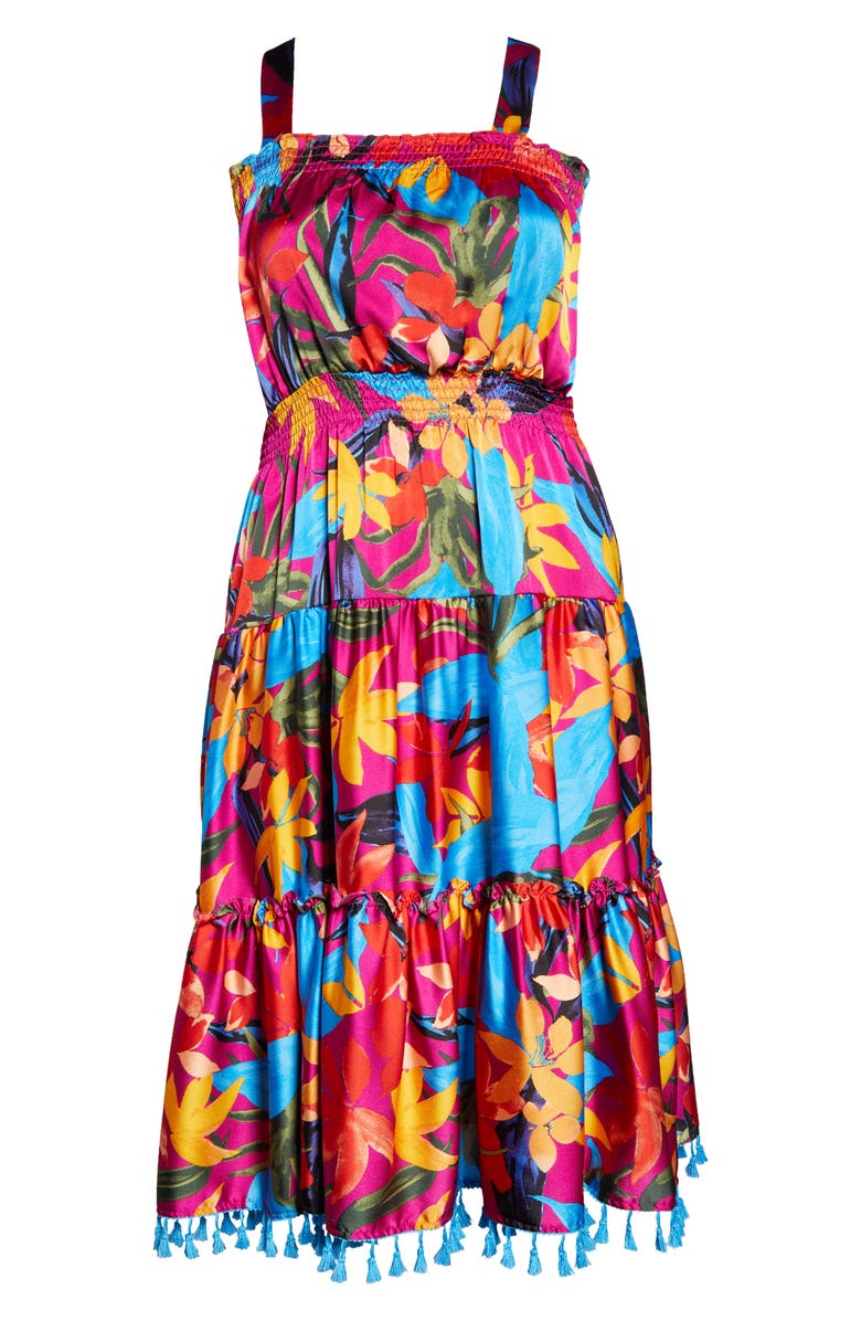 Tahari ASL Smocked Hammered Satin Midi Dress, Alternate, color, 