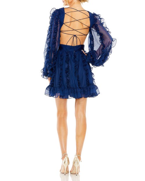Mac Duggal V Neck Corset Back Long Puff Sleeve Ruffle Dress In Blue