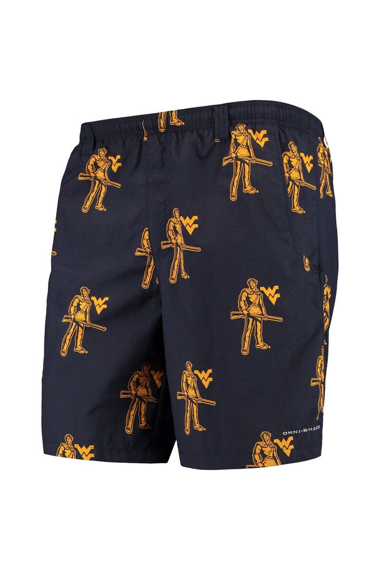 Men's Columbia Navy West Virginia Mountaineers PFG Backcast II 8" Omni-Shade Team Hybrid Shorts, Main, color, Navy