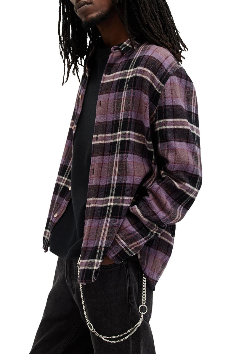 AllSaints Buzzard Plaid Cotton Flannel Button-Up Shirt, Alternate, color, 