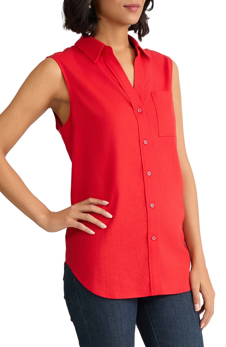 Jones New York Sleeveless Linen Blend Button-Up Shirt, Alternate, color, Rouge