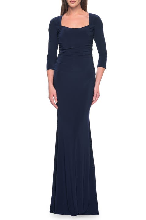 Long Jersey Evening Dress with Square Neckline and Sleeves