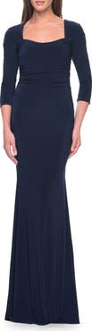 La Femme Long Jersey Evening Dress with Square Neckline and Sleeves