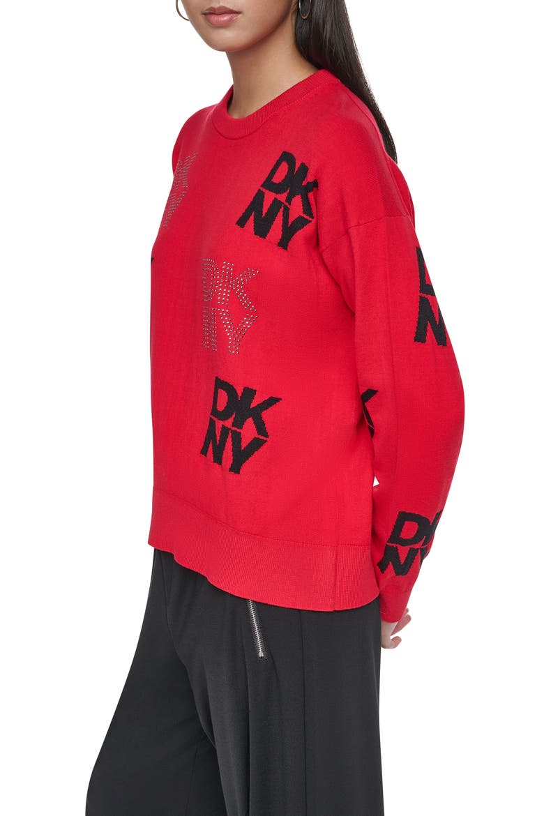 Intarsia Rhinestone Logo Sweater, Alternate, color, VIBRNT RED
