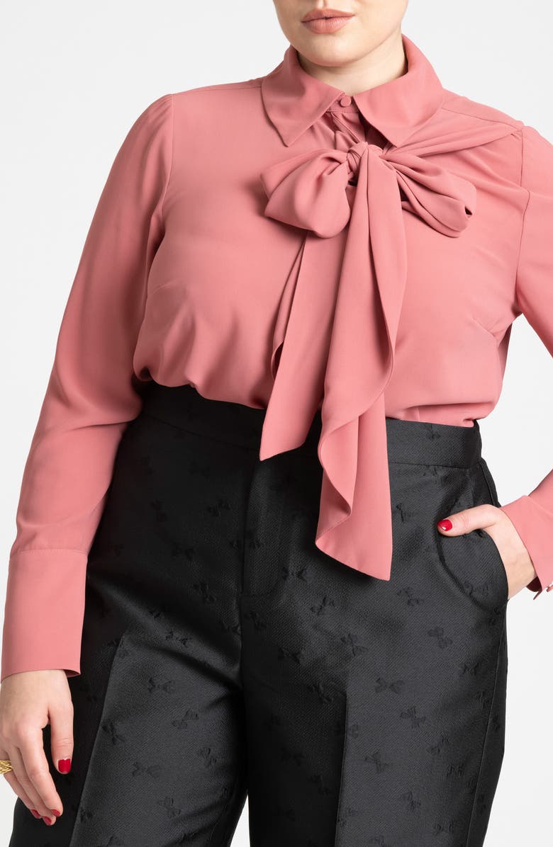 ELOQUII Tie Neck Button-Up Shirt, Alternate, color,