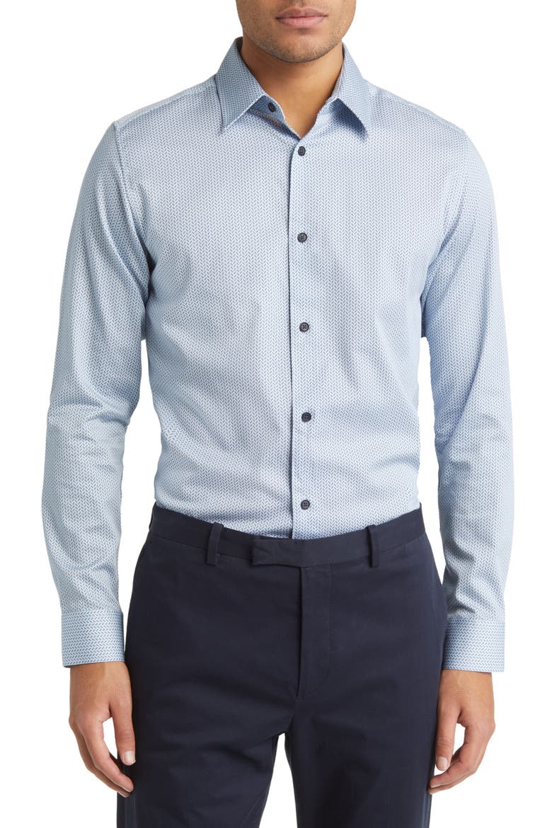 Alham Slim Fit Herringbone Print Stretch Button-Up Shirt, Main, color, PALE BLUE