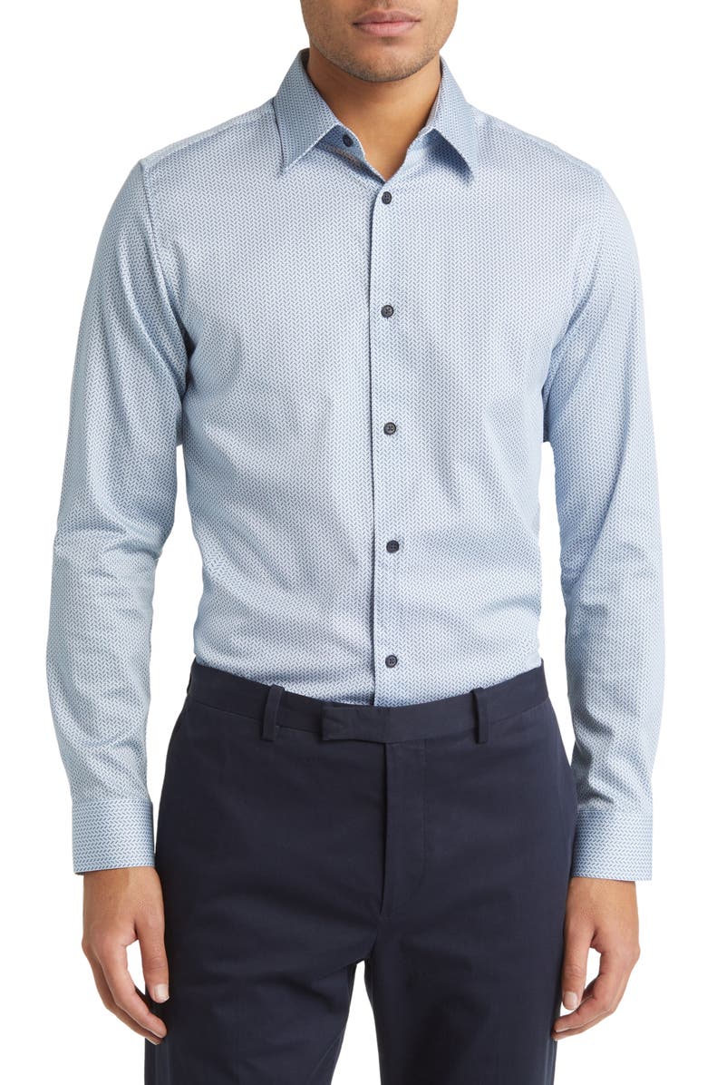 Ted Baker London Alham Slim Fit Herringbone Print Stretch Button-Up Shirt, Main, color, Pale Blue