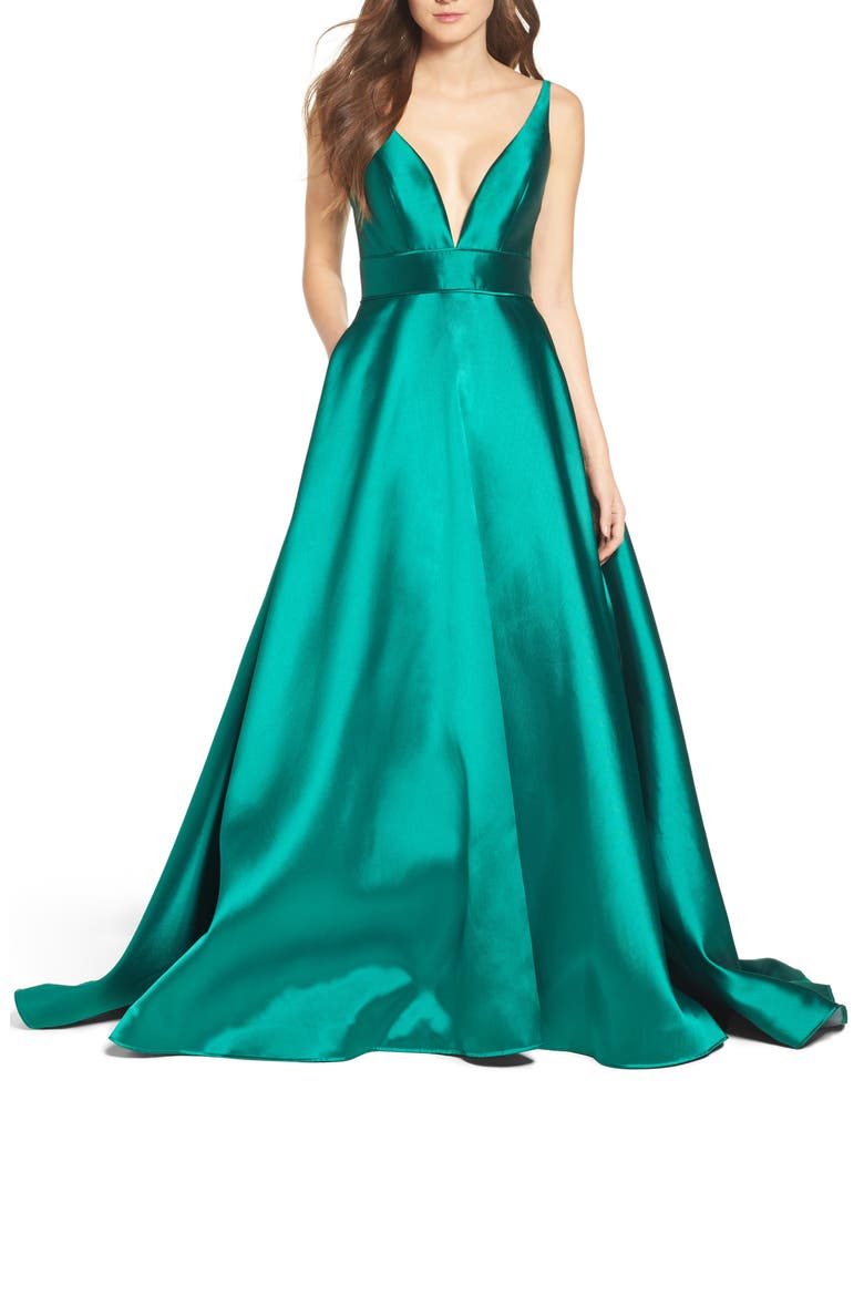 Plunge Neck Taffeta Ballgown, Main, color, EMERALD