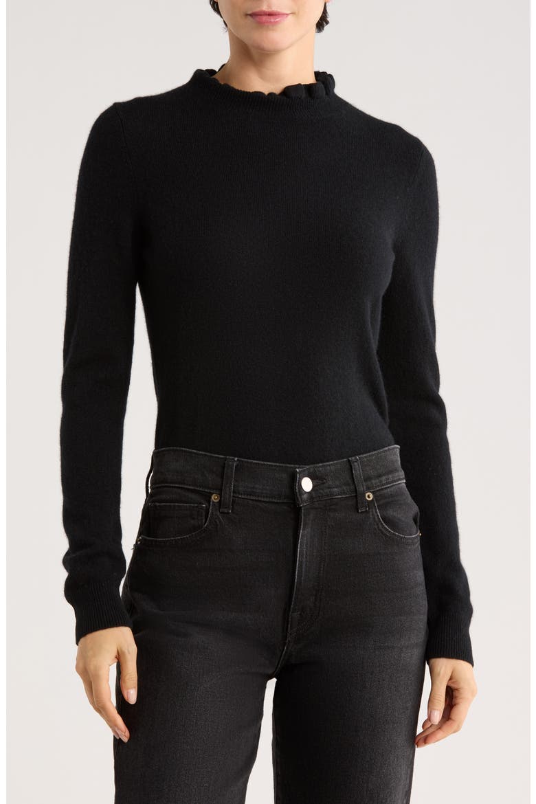Ruffle Mock Neck Cashmere Sweater, Main, color, BLACK