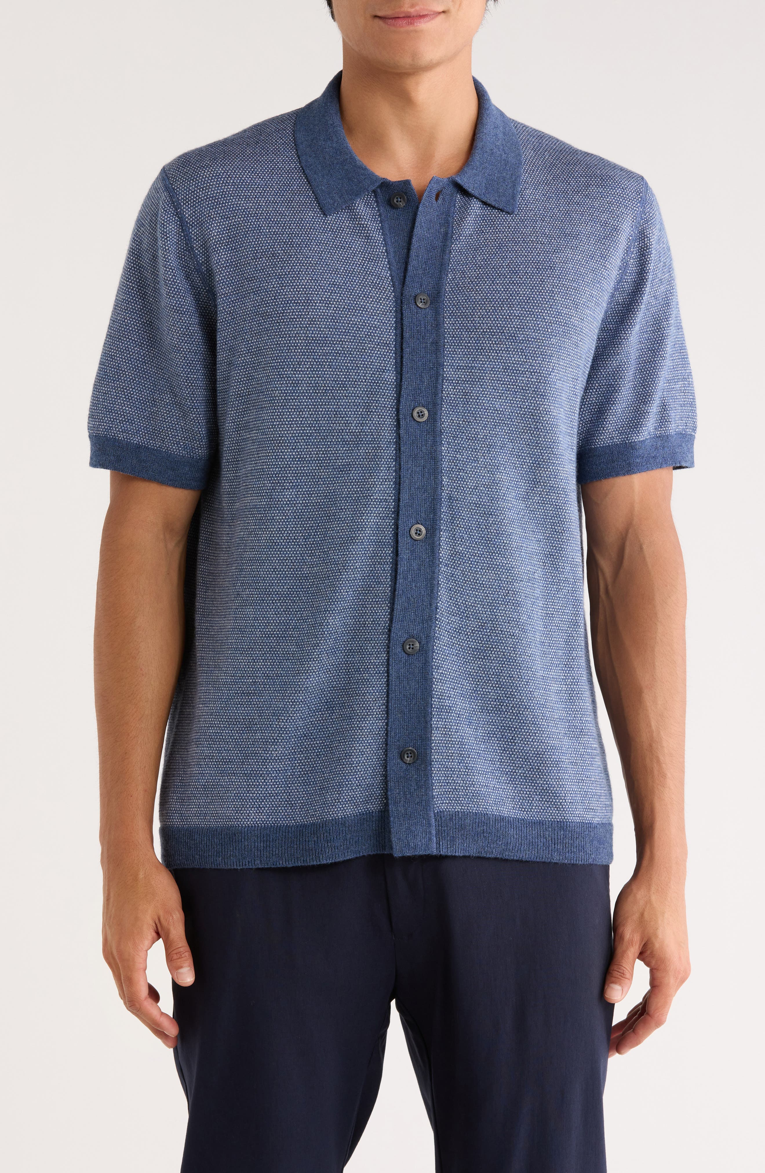 Vince Birdseye Short Sleeve Merino Wool Button-Up Sweater