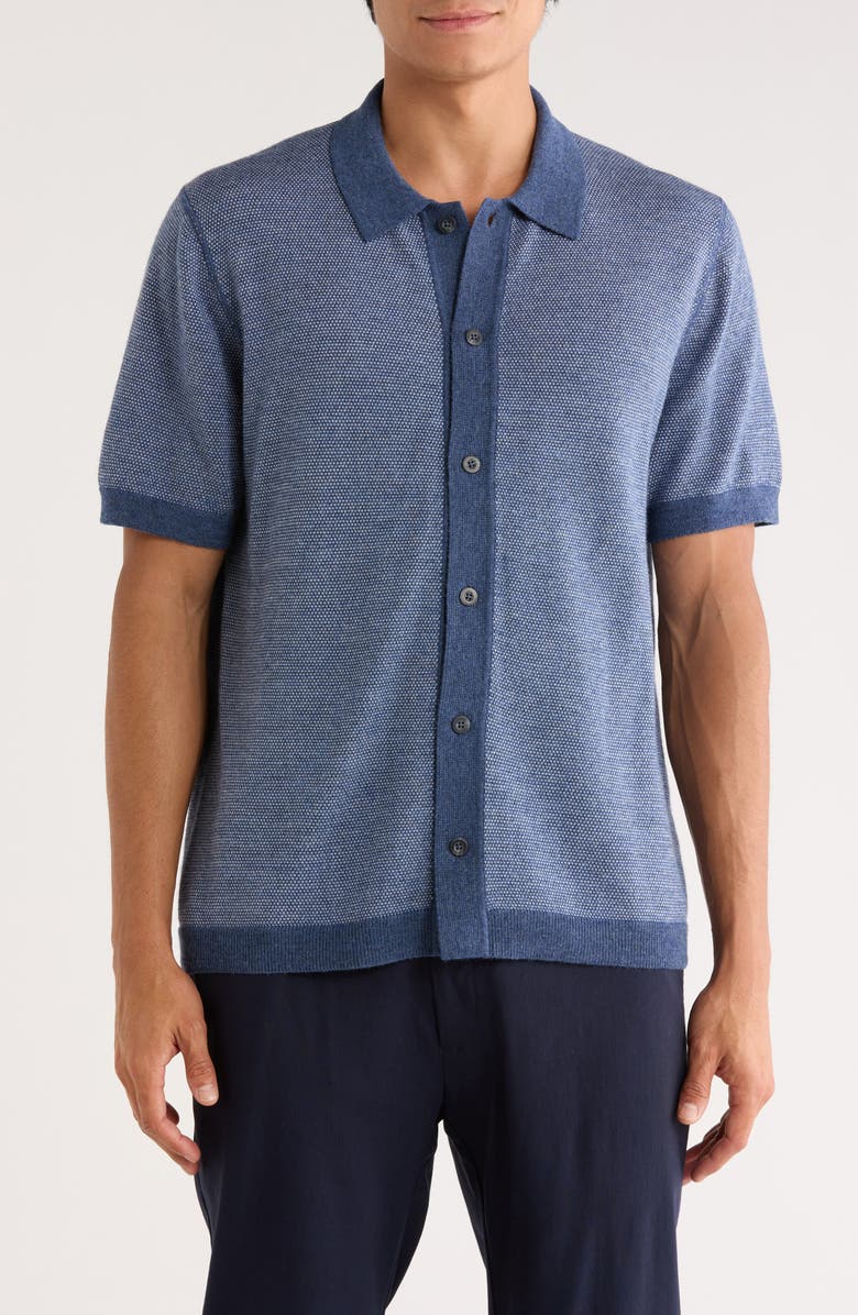 Vince Birdseye Short Sleeve Merino Wool Button-Up Sweater, Main, color, Heather Venice Blue / Pearl