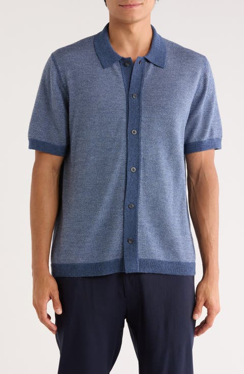 Birdseye Short Sleeve Merino Wool Button-Up Sweater