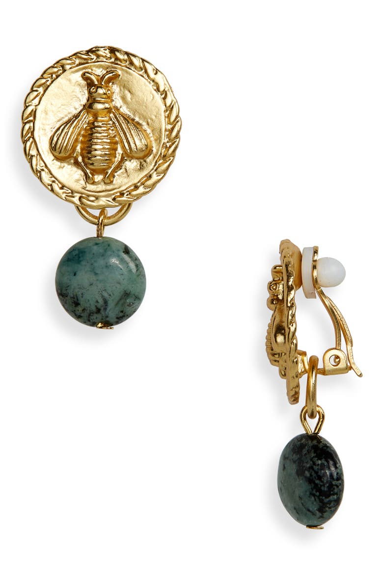 African Jasper Bee Clip-On Earrings, Main, color, GOLD