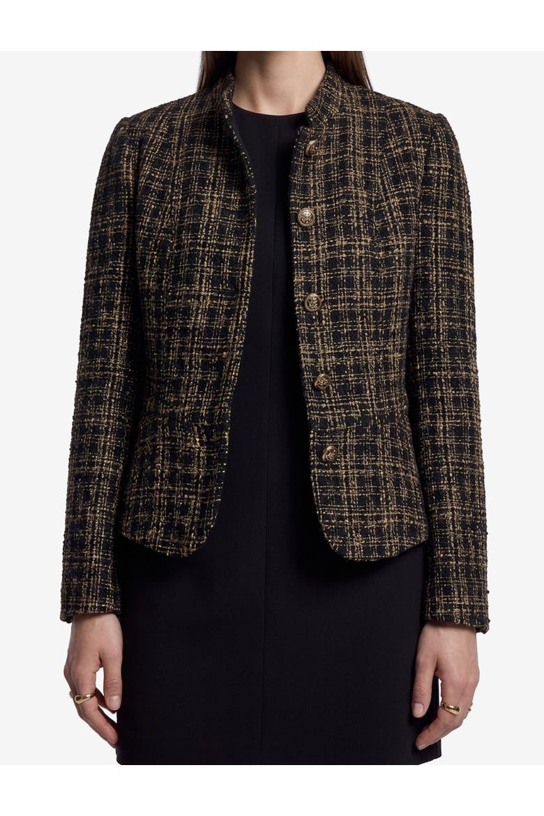 Mandarin Collar Long Sleeve Plaid Tweed Jacket, Alternate, color, BROWN CHECK