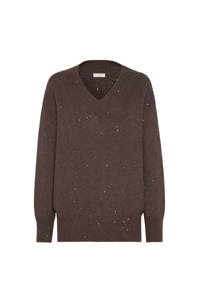 Brunello Cucinelli Cashmere and silk diamond yarn sweater, Main, color, Rust Brown