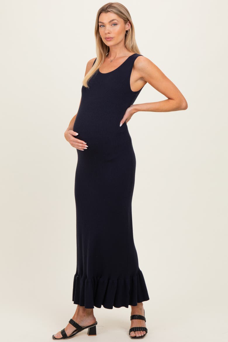 Ribbed Knit Sleeveless Ruffle Hem Maxi Dress, Alternate, color, Navy Blue
