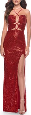 La Femme Stretch Sequin Dress with Unique Front Cut Outs
