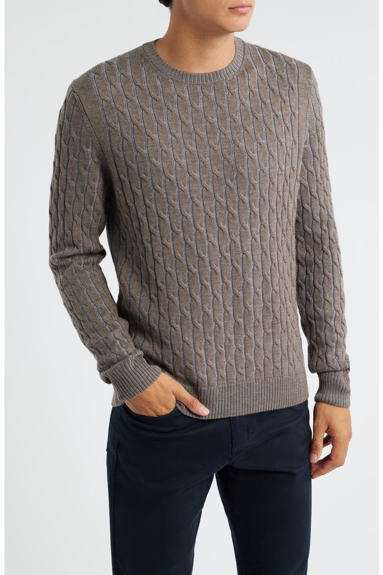 Crewneck Merino Wool Cable Sweater, Main, color, TAUPE