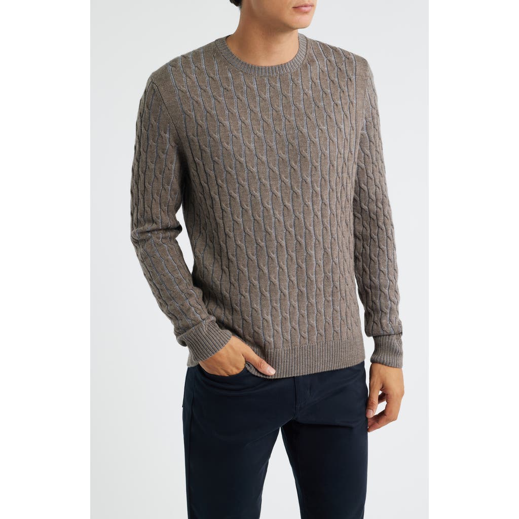 Jack Victor Crewneck Merino Wool Cable Sweater In Brown