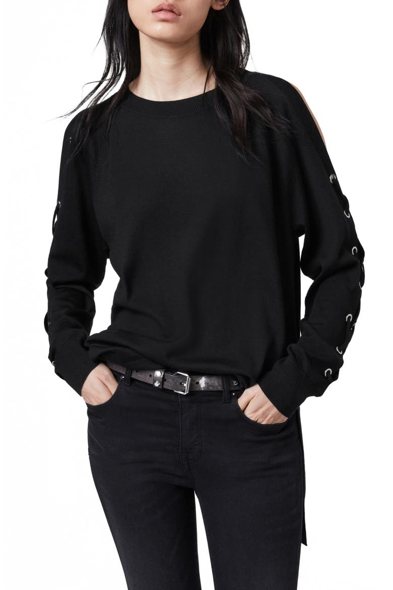 Cross Lace-Up Sleeve Merino Wool Sweater, Main, color, BLACK