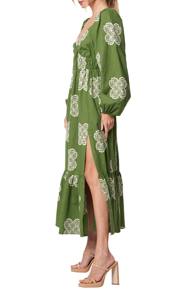 Serbita Medallion Embroidery Long Sleeve Cotton & Linen Midi Dress, Alternate, color, GREEN