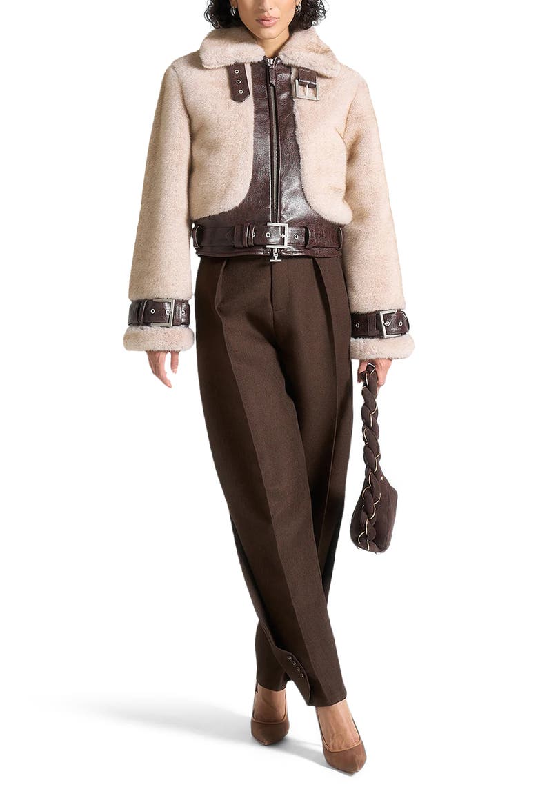 Deya Plush & Leather Leather Belted Jacket, Alternate, color, Beige/Brown