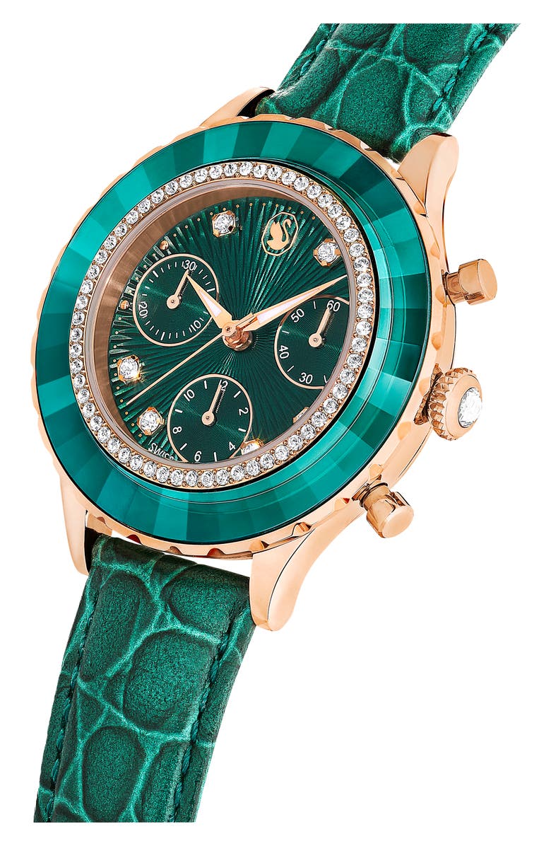 Swarovski Octea Chronograph Leather Strap Watch, 37mm, Alternate, color, Green