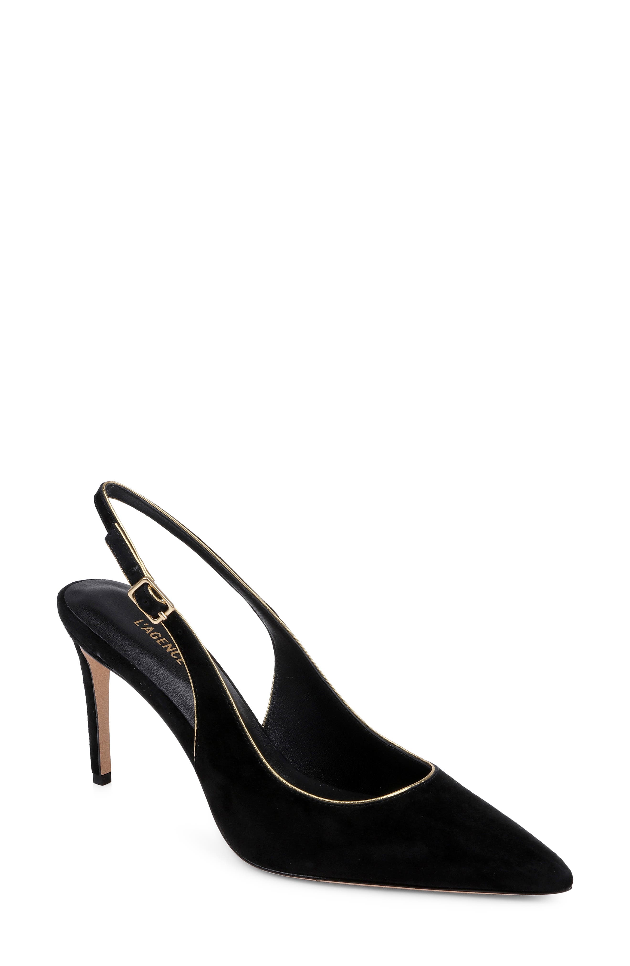 L'AGENCE Vichy II Leather Trimmed Pointed Toe Slingback Pump, Main, color, Black Suede