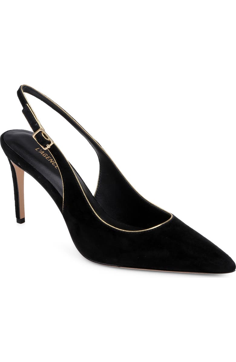 L'AGENCE Vichy II Leather Trimmed Pointed Toe Slingback Pump, Main, color, Black Suede