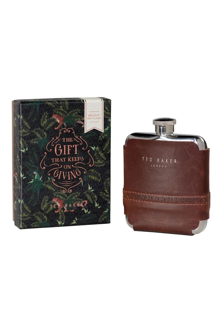 Wild and Wolf x Ted Baker London Brogue Hip Flask, Main, color, BROWN