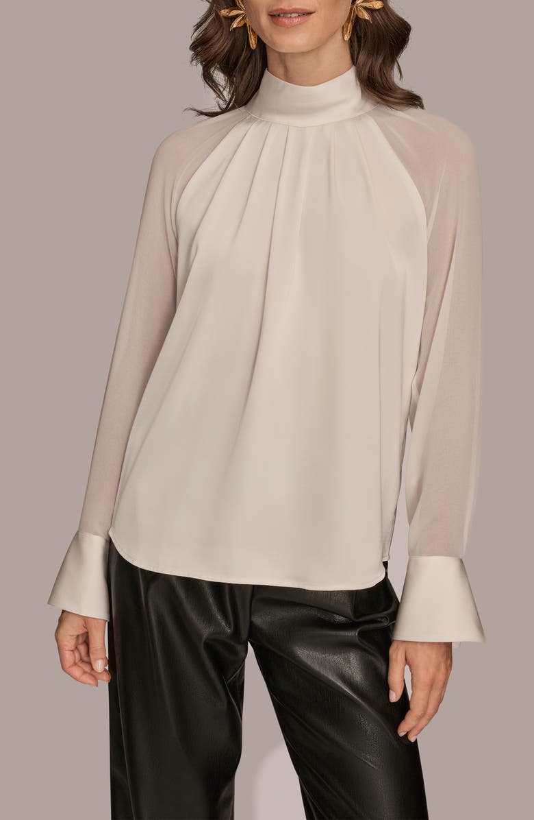 Donna Karan New York Pleated Sheer Sleeve Top, Main, color, Ivory
