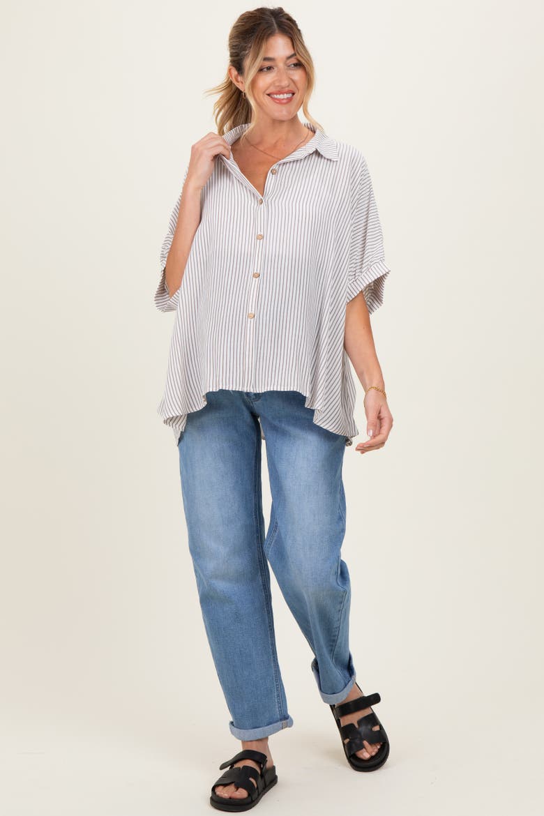 Striped Boxy Button Down Top, Alternate, color, Brown