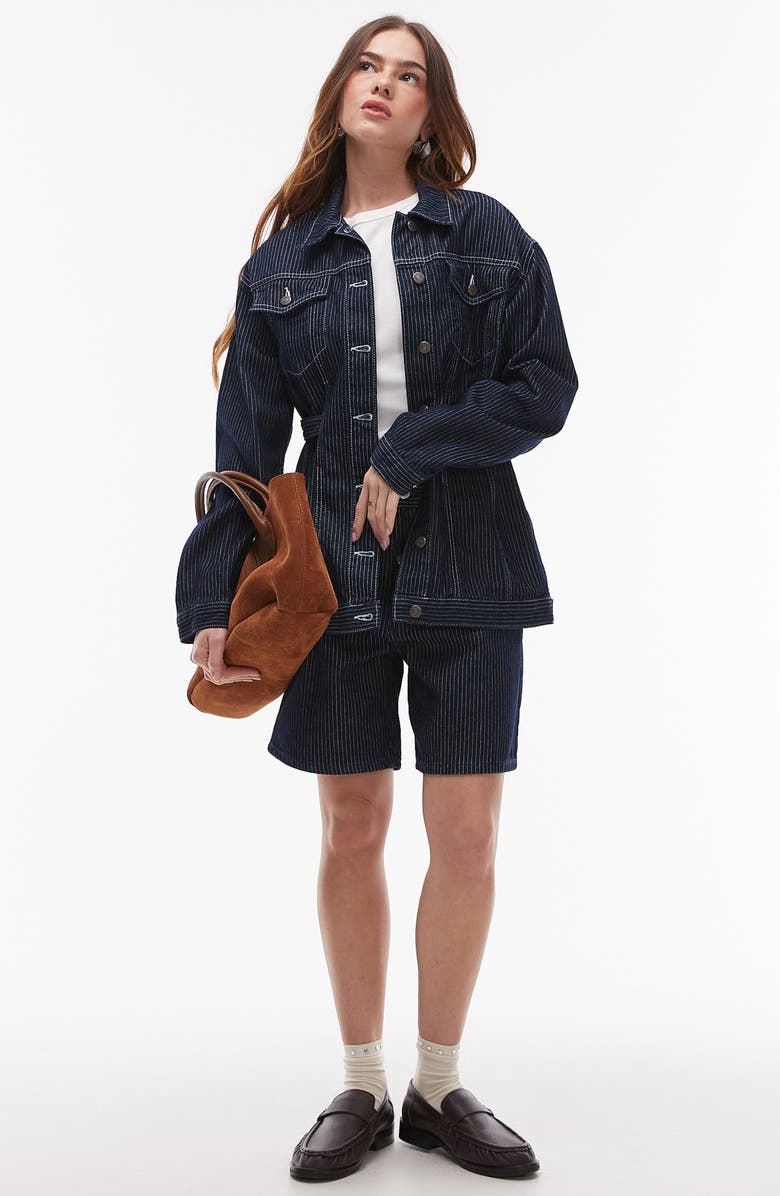 Topshop Pinstripe Denim Bermuda Shorts, Main, color, Dark Blue Multi