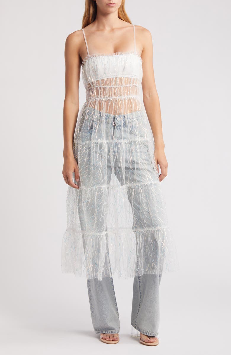 All in Favor Sequin Tulle Sheer Midi Dress, Main, color,