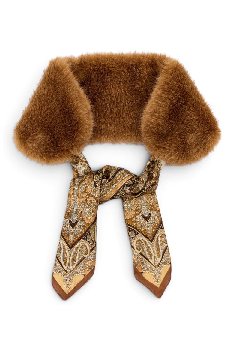 Paisley Faux Fur Trim Scarf, Alternate, color, LIGHT BROWN