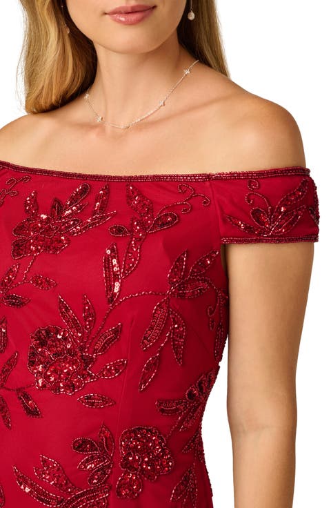 Off the Shoulder Beaded Cocktail Dress