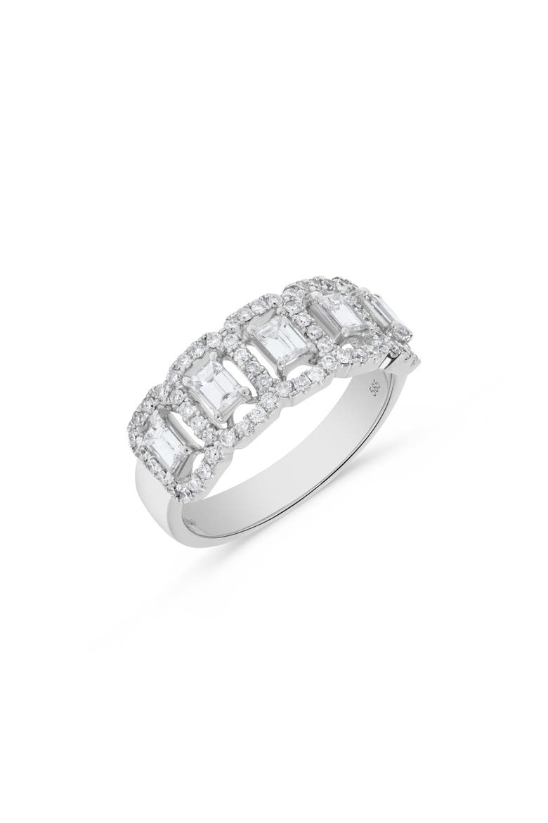 Five Section Baguette Diamond Round Halo Ring in 14K White Gold, Main, color, 14K White Gold