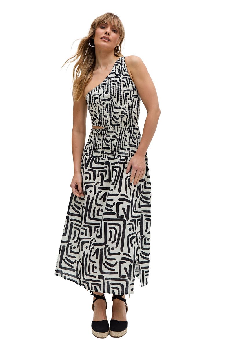 Raffya Jazz Jersey One Shoulder Warhol Print Midi Dress, Alternate, color, Black