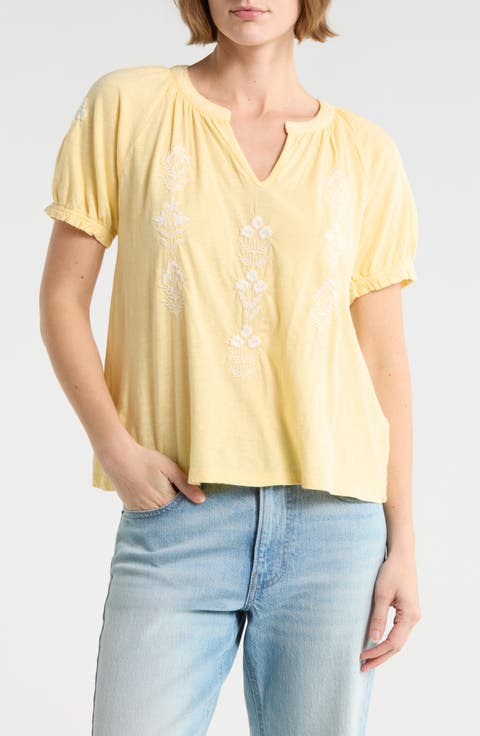 Embroidered Notch Neck Short Sleeve Tee