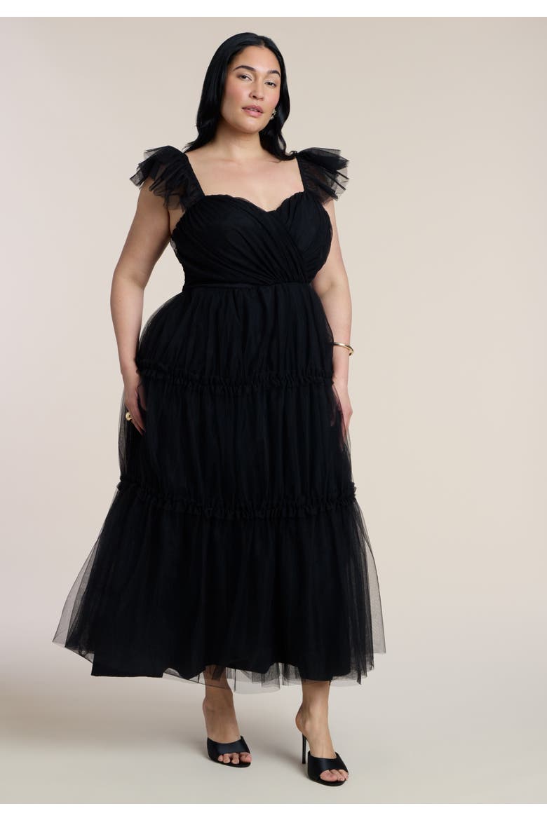 Flutter Sleeve Tulle Midi Dress, Alternate, color, BLACK ONYX