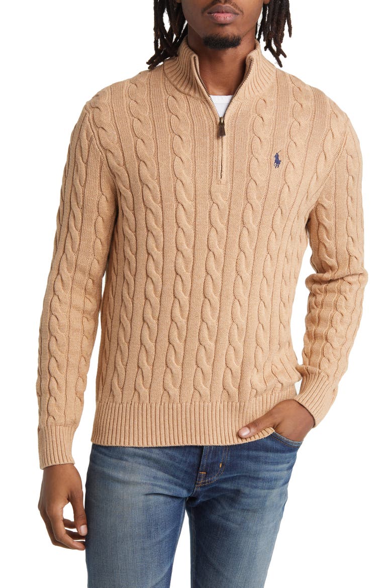 Cotton Cable Knit Sweater, Main, color, CAMEL MELANGE