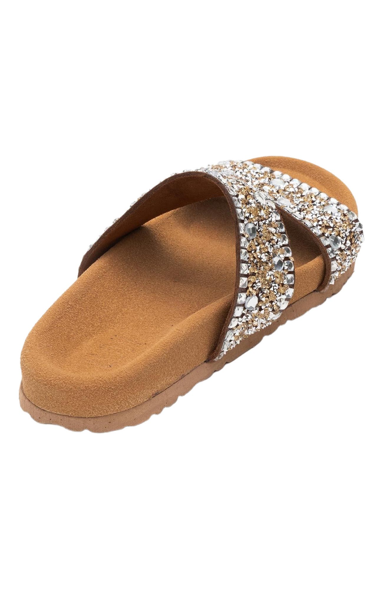 Forever & Always Shoes Jamie Leather Double Strap Slide Sandal with Stones, Alternate, color, Cognac Leather
