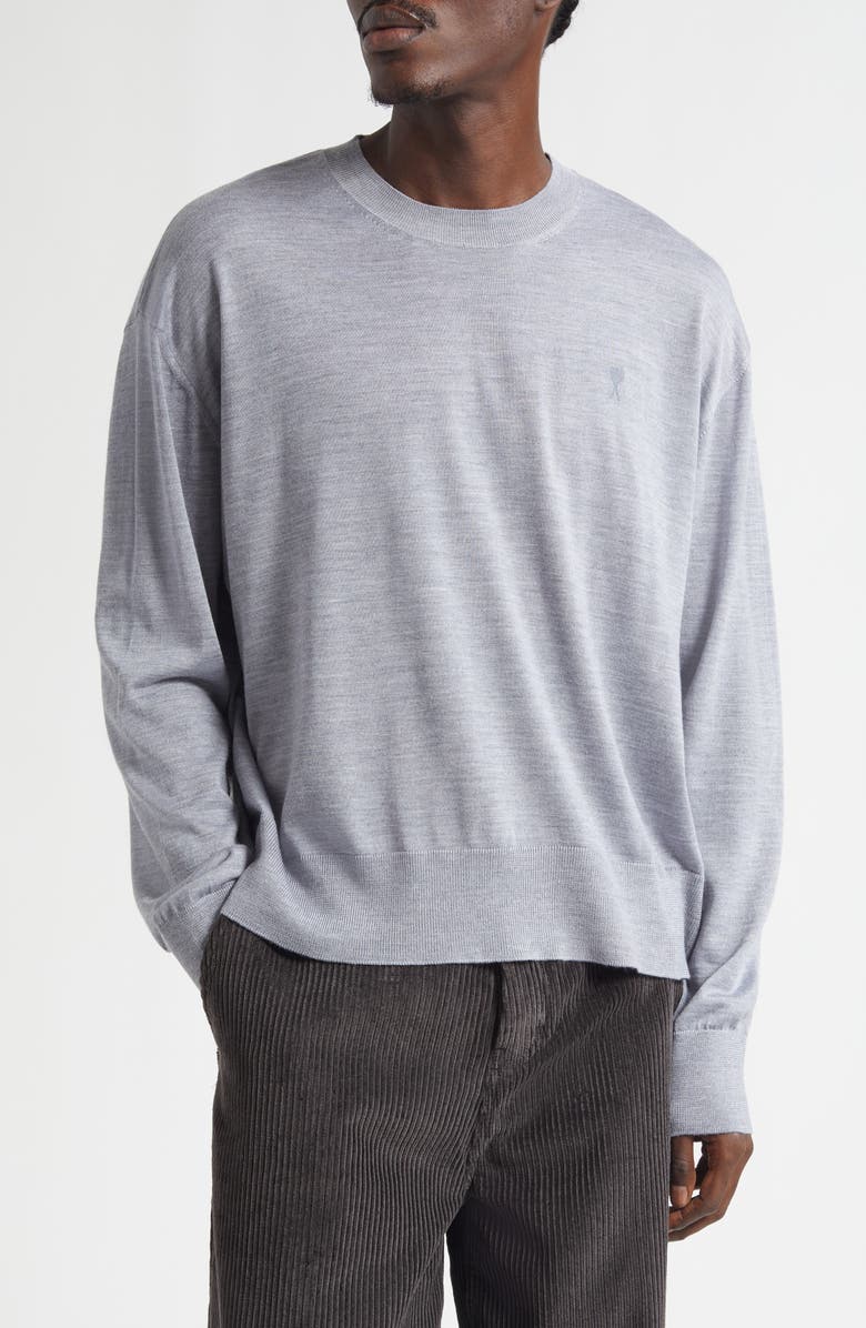 AMI PARIS Ami de Coeur Embroidered Wool & Silk Sweater, Main, color, Gris