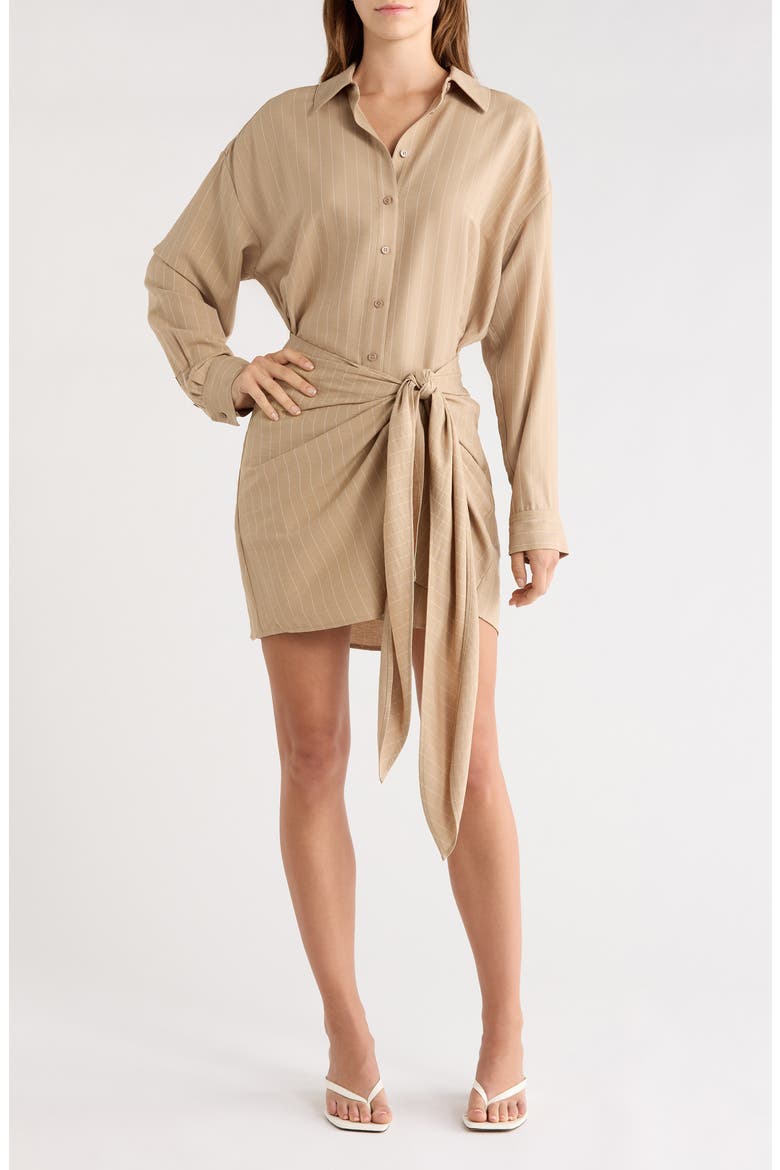 The Sweet Talker Pinstripe Long Sleeve Shirtdress, Main, color, DESERT KHAKI PINST