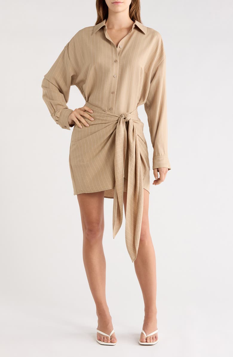 Favorite Daughter The Sweet Talker Pinstripe Long Sleeve Shirtdress, Main, color, Desert Khaki Pinst