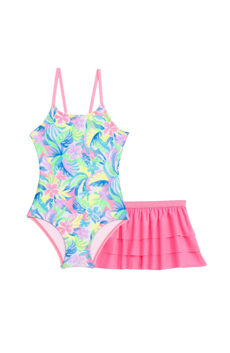 Aqua Green Little Girls X-Back One Piece Swimsuit with Ruffle Coverup Skirt 2-Piece Set, Main, color, Watercolor Tropics