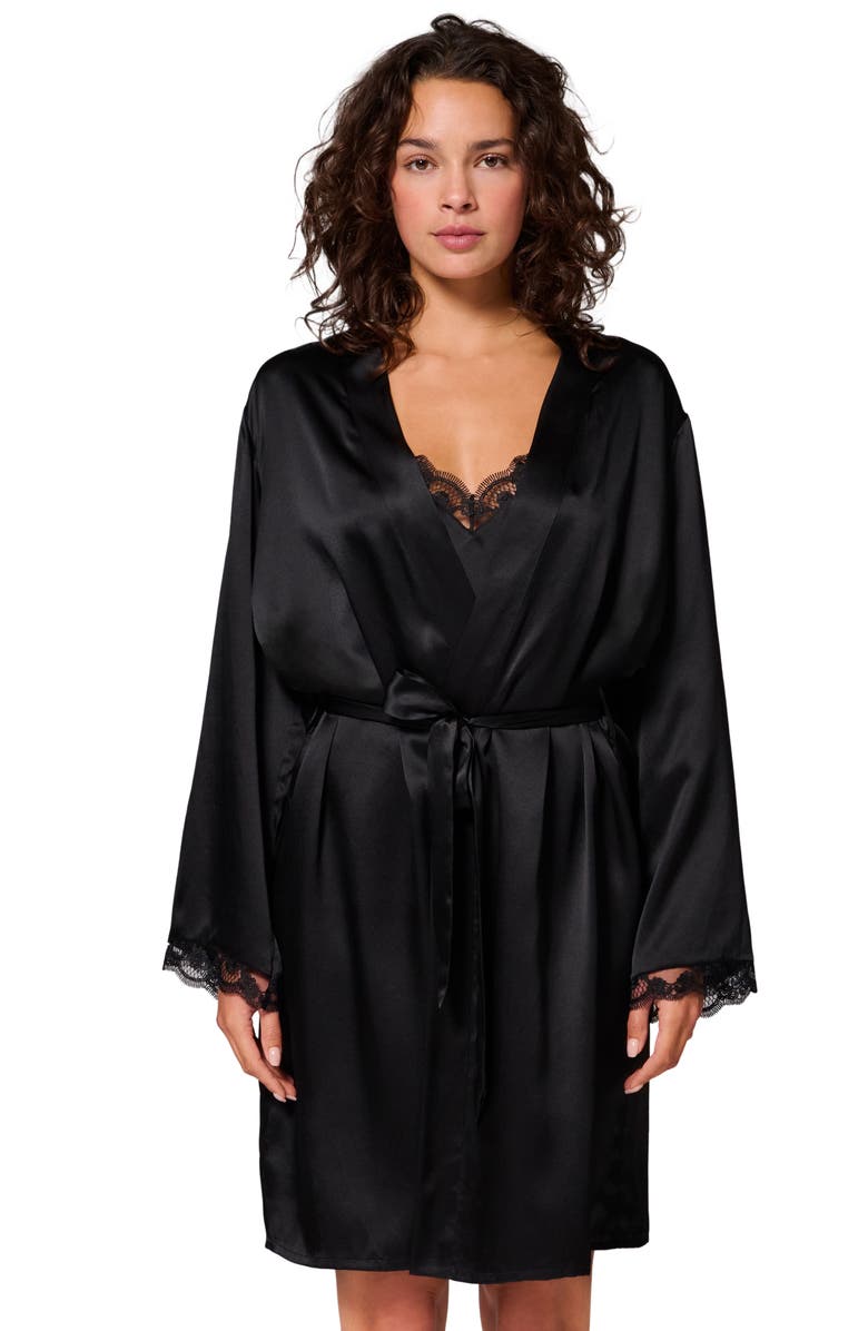 Simone Perele Love Me Lace Trim Silk Blend Robe, Alternate, color, Black