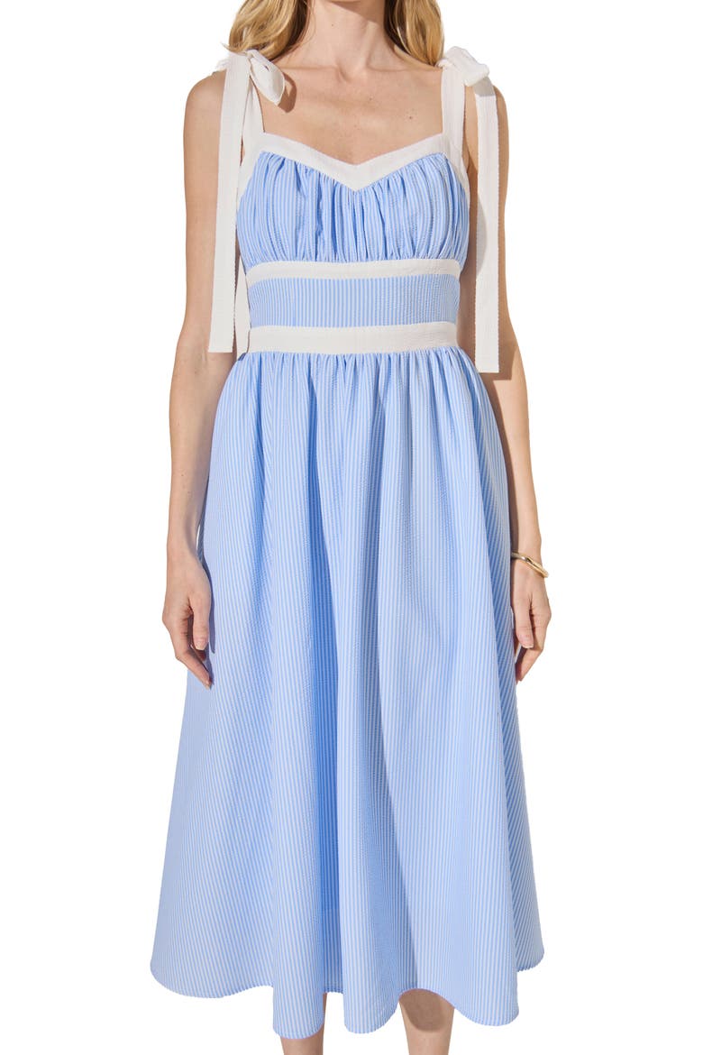 Stripe Tie Shoulder Seersucker Midi Dress, Alternate, color, POWDER BLUE