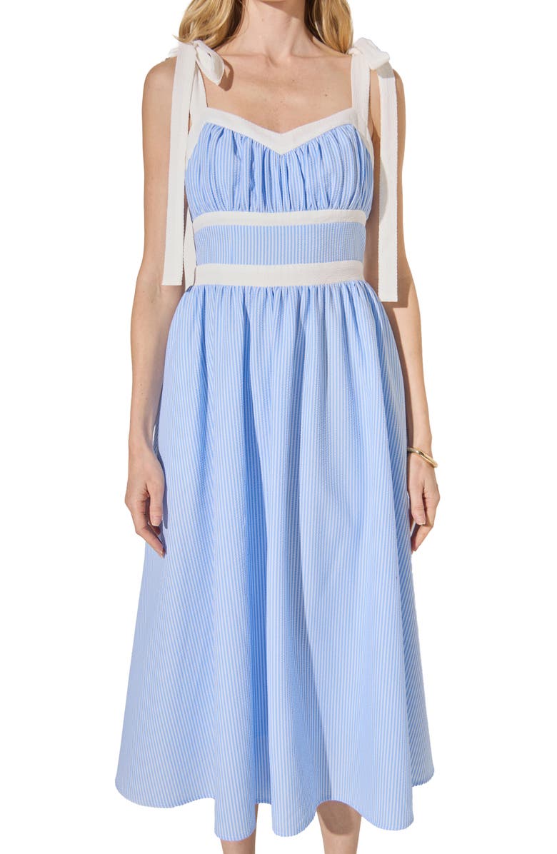English Factory Stripe Tie Shoulder Seersucker Midi Dress, Alternate, color, Powder Blue