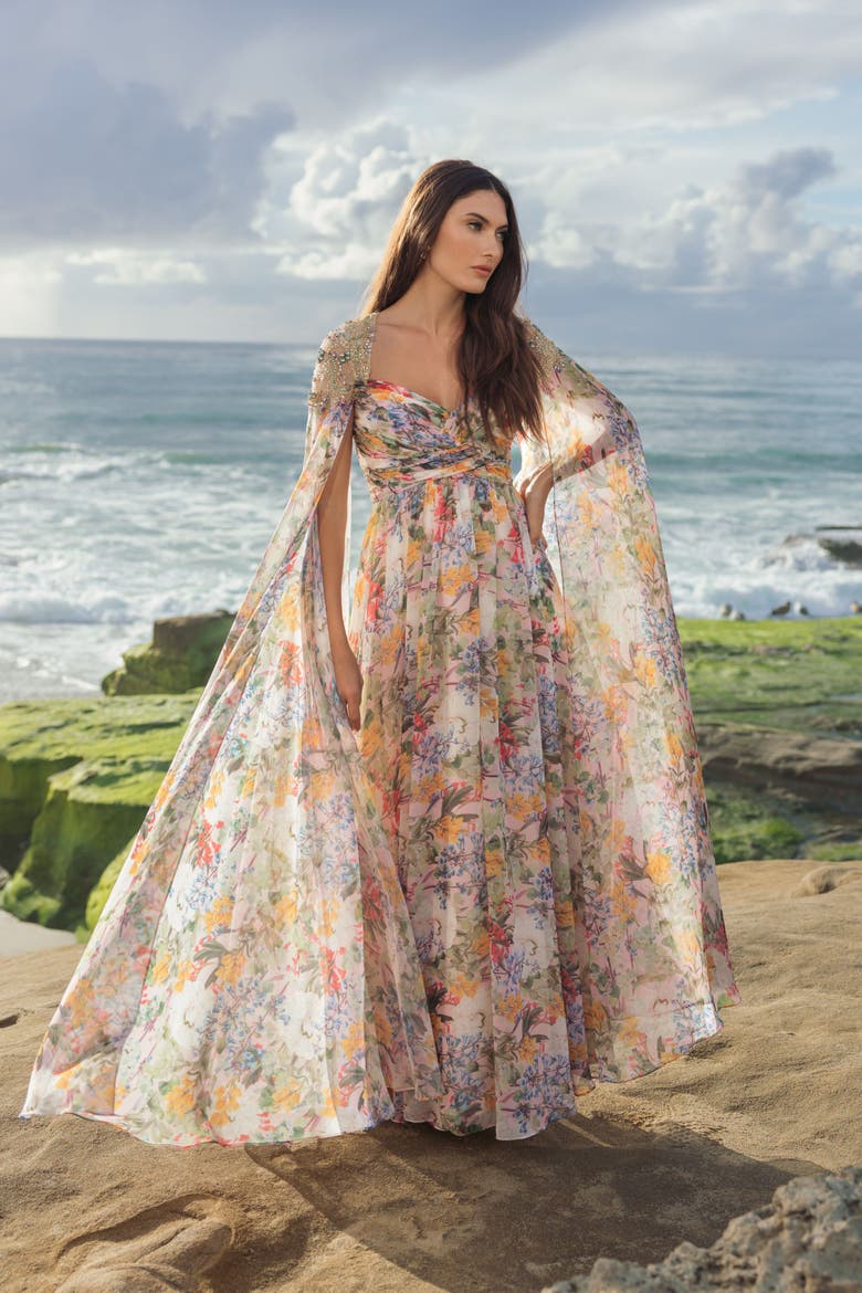 Printed Chiffon Gown With Beaded Cape Sleeves, Alternate, color, Pastel Multi